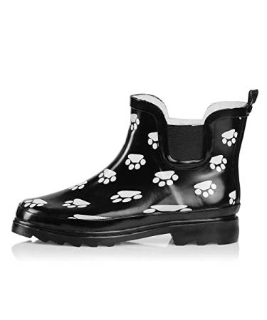 NORTY - Womens Ankle Rain Boots - Ladies Waterproof Winter Spring Garden Boot 9 Black White Paw Print