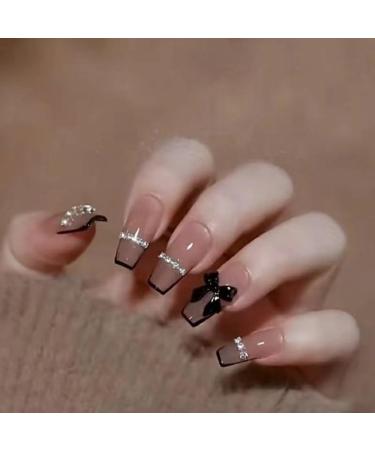 MENILITHS 24Pcs/Set Press On Nails Long Transparent Coffee Bow Design False Nails Acrylic Fake Nails Full Cover Nails Tips Artificial Finger Manicure Press on nails for Women and Girls - Buy Online on GoSupps.com