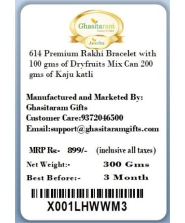 Ghasitaram Gifts Rakhi for Brother Rakhis Online - 614 Premium Rakhi Bracelet with 100 GMS of Dryfruits Mix Can 200 GMS of Kaju katli Rakhi & 100g Dryfruits Mix Can 200g Kaju katli - Buy Online on GoSupps.com
