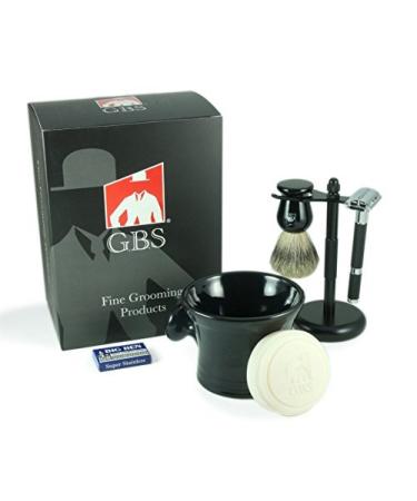 G.B.S Men's Shaving Set- Butterfly Open Double Edge Razor Shave Brush with dual stand Shaving Mug with Knob Handle Natural Shave Soap 10 Replacement Razor Blades