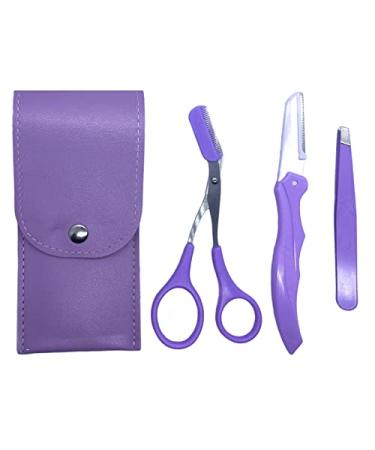 3PCS Eyebrow Trimmer Scissors with Comb Eyebrow Clips Cosmetic Small Hair Scissors Beginner Folding Eyebrow Trimmer Set Make Up Tool Eyebrow Razor Kit Purple
