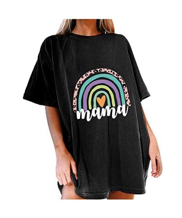 Mama Rainbow Print T Shirt for Women Funny Letter Graphic Tee Plus Size Summer Casual Loose Short Sleeve Crewneck Blouse Tops C-black Medium
