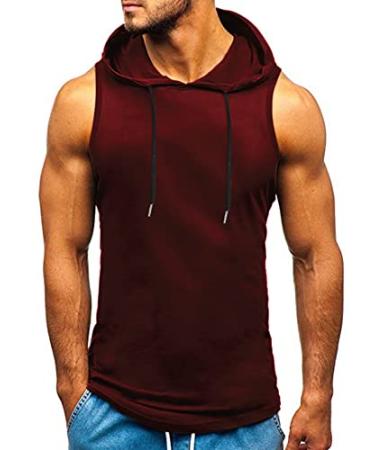 Amussiar Men's Workout Hooded Tank Tops Bodybuilding Muscle T-Shirt Sleeveless Gym Hoodies XX-Large Wine Red