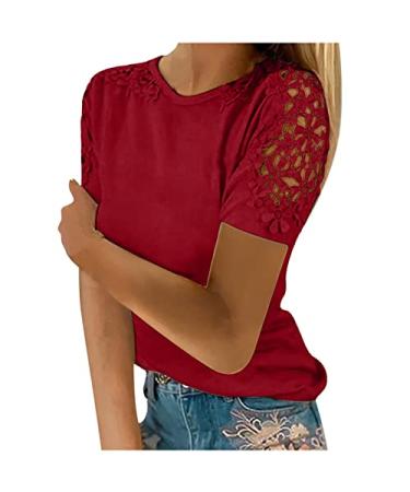 Womens Summer Casual Cold Shoulder T Shirts Elegant Lace Crochet Hollow Out Short Sleeve Tops Solid/Colorblock Loose Blouse I Medium