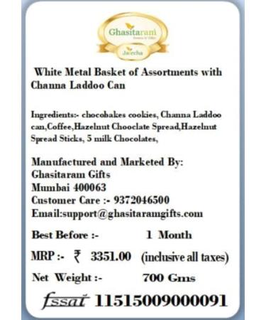 Ghasitaram Gifts Jaiccha White Metal Basket of Assortments with Channa Laddoo Can|Gift for Diwali Gifts Holi Rakhi Valentine Christmas Birthday Anniversary Her Him| - Buy Online on GoSupps.com