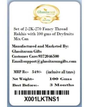 Ghasitaram Gifts Rakhi for Brother Rakhis Online - Set of 2-2K-270 Fancy Thread Rakhis with 100 GMS of Dryfruits Mix Can 2 Rakhi with 100 gms of Dryfruits Mix Can - Buy Online on GoSupps.com
