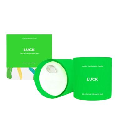 Luck Crystal Manifestation Candle - 14 oz Approx. 65 Hour Burn Time Join The Lucky Girl Syndrome Movement Infused with Clear Quartz for Prosperity Wisdom and Abundance