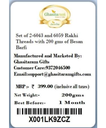 Ghasitaram Gifts Rakhi for Brother Rakhis Online - Set of 2-6043 and 6059 Rakhi Threads with 200 GMS of Besan Barfi - Buy Online on GoSupps.com