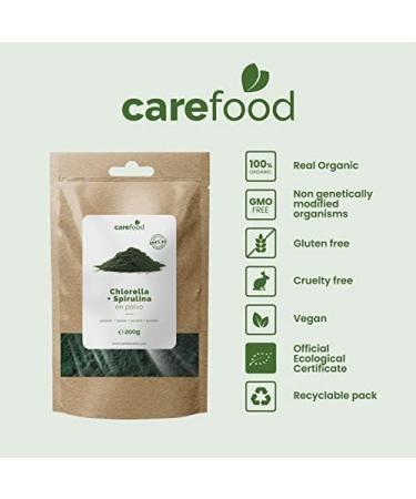 Carefood - Chlorella + Organic Spirulina Powder - 100% Organic Superfood Suitable for Vegans - Natural Super Food with High Nutrient Content and Satietogenic Effect - 200g - Buy Online on GoSupps.com