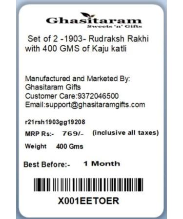 Ghasitaram Gifts Rakhi for Brother Rakhis Online - Set of 2-1903- Rudraksh Rakhi with 400 GMS of Kaju katli Set of 2 Rakhis with 400 gms of Kaju katli - Buy Online on GoSupps.com