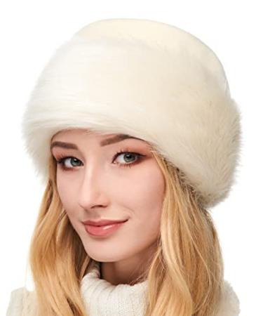 Futrzane Faux Fur Trimmed Winter Hat for Women - Classy Russian Hat with Fleece Small Ecru - Ecru Rabbit