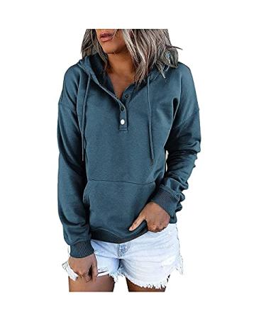 WFJCJPAF Sweatshirt for Women Long Sleeve Solid Hoodies Aztec Sweatshirt Drawstring Pocket Hoodie Button Pullover Tops 01#navy Large