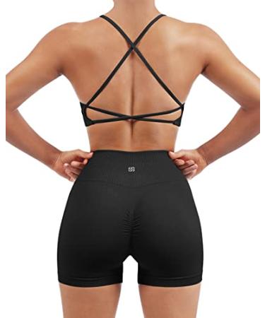 SUUKSESS Women Seamless Workout Sets Strappy Sports Bra High Waist Booty Shorts Outfits 2-4 #1 Black