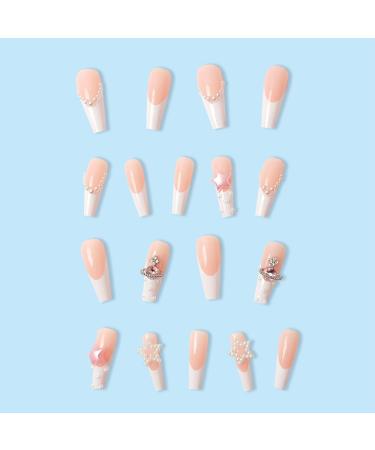 French Tip Press on Nails - Long T Press On Nails with Nail Tips White Planet Design White Pearl Star press on nails Acrylic False Nails Cute Artificial Nails - Buy Online on GoSupps.com