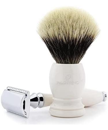 Double Edge razor with silvertip badger hair shaving brush in ivory handle by Jag Shaving