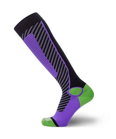 Pure Athlete Wool Ski Socks Women, Men  Warm Merino Skiing, Snowboard Winter  Shin Padding Medium 1 Pair - Black/Purple/Neon Green