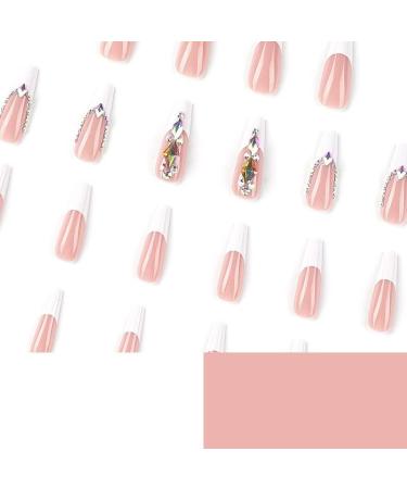 Long style White French Colored Rhinestone design Fake Nails Press on Nails with Nail tips Acrylic False Nails Cute Artificial Nails - Buy Online on GoSupps.com