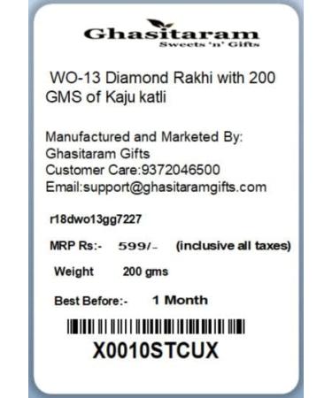 Ghasitaram Gifts Rakhi for Brother Rakhis Online - WO-13 Diamond Rakhi with 200 GMS of Kaju katli - Buy Online on GoSupps.com