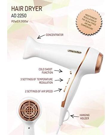 Mesko Cloudy White Hair dryer 2100 watts hair dryer with attachment travel hair dryer mesko 2 speeds 3 temperature settings shaping nozzle 360 degrees rotatable white - Buy Online on GoSupps.com