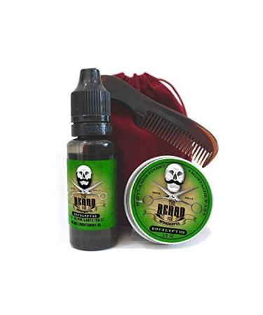 Mens Grooming Set Eucalyptus Fragrance - Moustache Wax Beard Oil & Pocket Size Beard and Tache Comb Presented in a red Velvet Drawstring Travel Bag