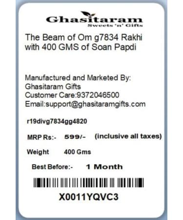 Ghasitaram Gifts Rakhi for Brother Rakhis Online- The Beam of Om g7834 Rakhi with 400 GMS of Soan Papdi - Buy Online on GoSupps.com