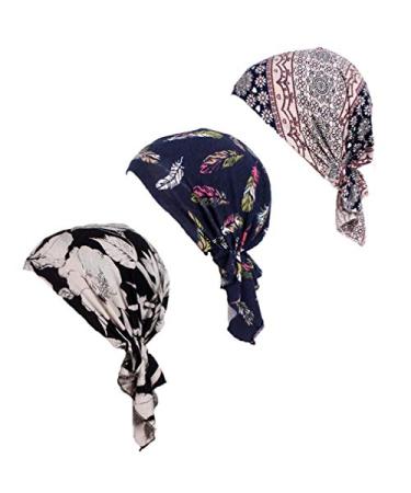 Pre Tied Chemo Head Scarf 3 Packed Beanie Skull Cover Cap for Women (Set6-Long Style) A1-3 Packed