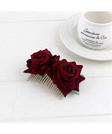 Rose Hair Clip Comb for Women - Burgundy Flower Hairpin for Wedding, Brides, Girls - Dark Red Hair Accessory - Buy Online on GoSupps.com