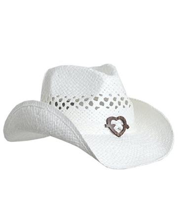 Boho Hip Cowboy Hat with Heart Concho, Natural Toyo Straw, Shapeable Brim White
