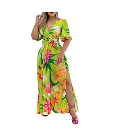 Long Dress Womens Backless Cut Out Floral Print Sexy Deep V Neck Party Holiday Dress Puff Short Sleeve Maxi Dress Large Yellow