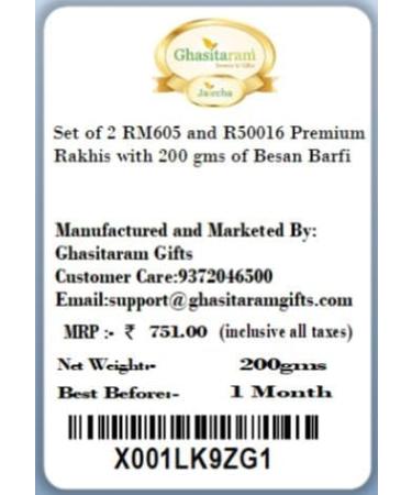 Ghasitaram Gifts Rakhi for Brother Rakhis Online - Set of 2 RM605 and R50016 Premium Rakhis with 200 GMS of Besan Barfi - Buy Online on GoSupps.com