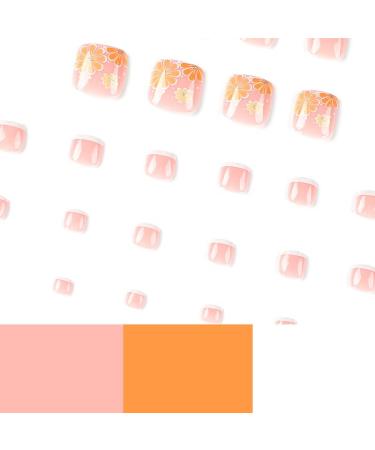 Floral Design Pink Square Fake Toenails - 24pcs Acrylic Toe Nails for Women - Glossy French Fake Nails - Glue-on ToeNails by diduikalor - Buy Online on GoSupps.com