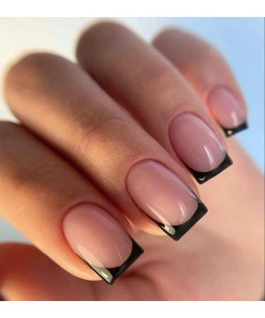 Mouyouglow Press on Nails Kurz Square Nude Black French French Fake Nails with nail glue natural black tips Artificial fingernails ... AR11