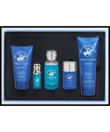 Beverly Hills Polo Club Men's Active 5pc Gift Set - Eau de Toilette Spray Antiperspirant Stick Hair & Body Wash Soothing After Shave Balm