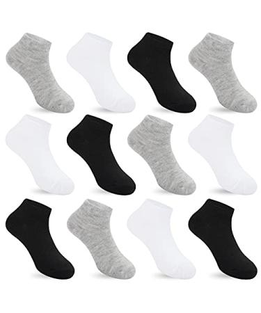Auranso 12 Pairs Kid Breathable Athletic Ankle Socks Boys Girls Cotton Low Cut Socks 9-12 Years White Black Grey