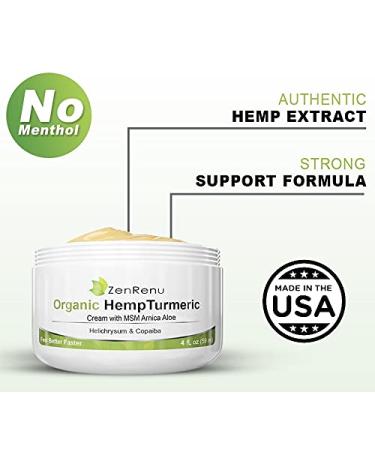 ZenRenu Organic Hemp Cream 4 oz - MSM Turmeric Arnica - Made in USA - Premium Hemp Oil - Buy Online on GoSupps.com