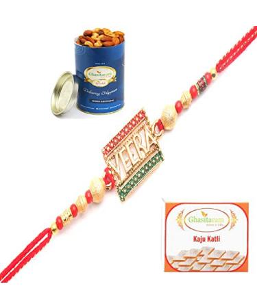 Ghasitaram Gifts Rakhi for Brother Rakhis Online - Mera Pyaara Veera Rakhi with 100 GMS of Dryfruits Mix Can 200 GMS of Kaju katli Rakhi & 100g Dryfruits Mix Can 200g Kaju katli