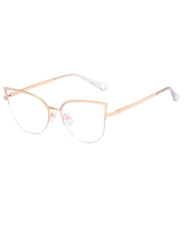Kachawoo anti-blue light glasses for women men half marginal cat eye glasses metal frame prescription glasses ... gold with clear