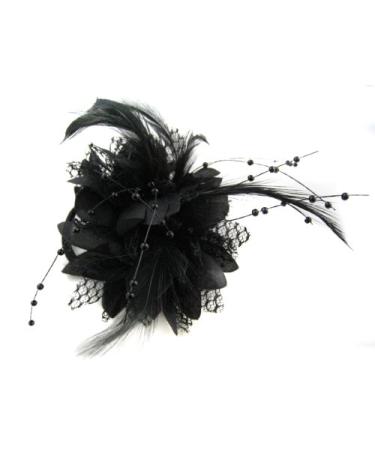 Flower Feather Bead Corsage Hair Clips Fascinator Hairband and Pin (Black)
