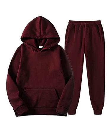 Winter Fleece Sweatsuits for Men, Sweatshirts Sweatpants Outfit Workout Set Hoodie Joggers Athletics Tracksuits Wine Large