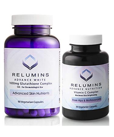 Relumins Advanced White Set - 1650mg Glutathione Complex and Advanced Vitamin C with Rose Hips and Bioflavanoids (2 Bottles Total)