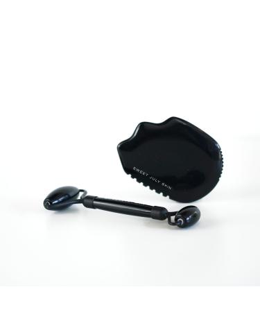 SWEET JULY SKIN Gua Sha & Roller Set - Depuff Lift Sculpt Relieve Face Roller Facial Skin Care Tool Black Obsidian Stone