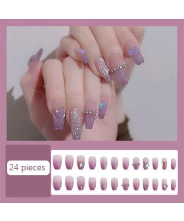 13.Noapasa Coffin Fake Nails Purple Pressed Fake Nails Flash Rhinestones Long Ballerina Fake Nails 24Pcs (Purple) - Buy Online on GoSupps.com