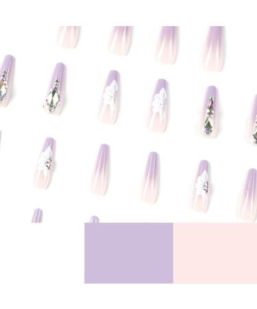 24pcs Light Purple Rhinestone Flower Pattern Long Coffin False Nails - French Fake Nails for Women and Girls - Buy Online on GoSupps.com