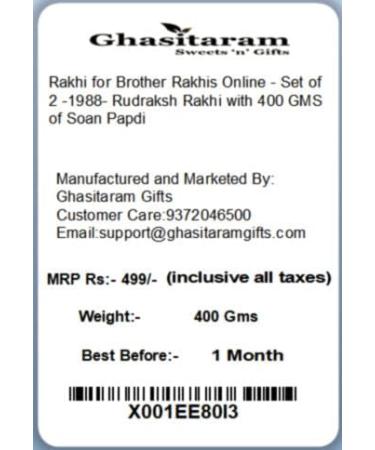 Ghasitaram Gifts Rakhi for Brother Rakhis Online - Set of 2-1988- Rudraksh Rakhi with 400 GMS of Soan Papdi Set of 2 Rakhis with 400 gms of Soan Papdi - Buy Online on GoSupps.com