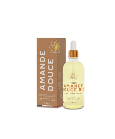 ESSENTIOIL Organic Sweet Almond Oil – 100% Natural – Brings Shine, Strengthens Hair – Fights Stretch Marks, Prevents Skin Dryness – 50 ml Glass Bottle – French Brand