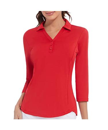 Women's Polo Shirt 3/4 Long Sleeve Golf Quick Dry T Shirts UPF 50+ Athletic Casual Work Shirts Tops for Women Large 3/4 Sleeve-red
