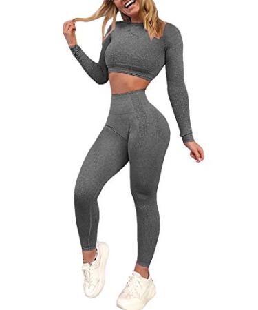 YOFIT Women's Workout Outfit 2 Pieces Seamless High Waist Yoga Leggings with Long Sleeve Crop Top Gym Clothes Set Medium 01b Dotted Pattern - Grey