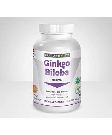 Ginkgo Biloba 6000mg 365 Tablets High Strength Tablets Ginkgo Biloba Extract Vegan and Gluten Friendly Made in UK Futurevits One Years Supply