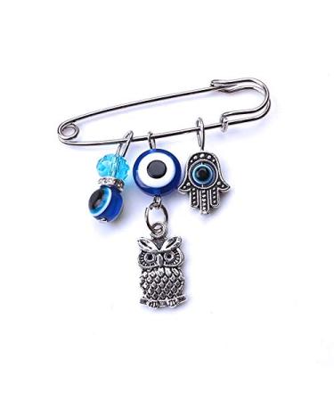 MyEvilEye Blue and Silver Color Evil Eye Hamsa Stroller Pin with Owl for Baby Good Luck