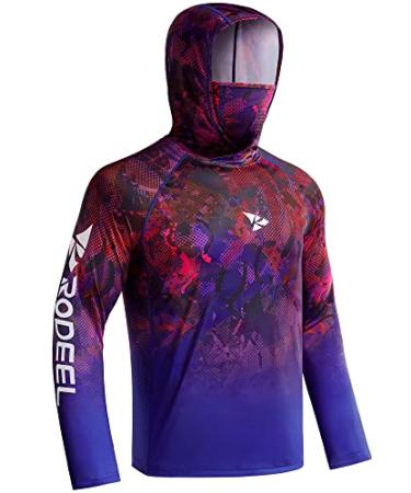 Rodeel UPF 50+ Mens Long Sleeve Performance Fishing Hiking Shirt with Mask UV Neck Gaiter Hoodie Blue Large